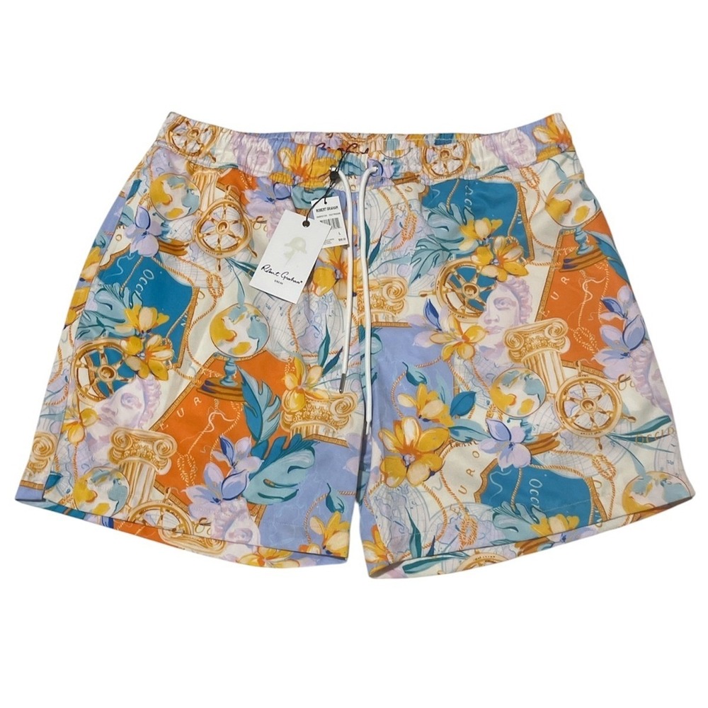 Robert Graham Gold Treasure Swim Trunks Shorts Lined Mens Large Floral Nautical